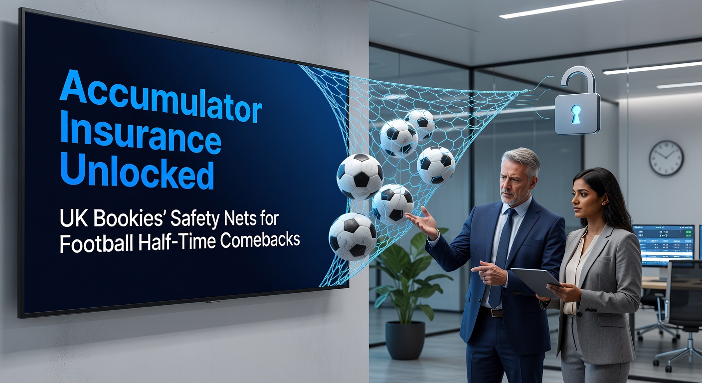 Football players celebrating a dramatic half-time comeback goal during a packed stadium match, highlighting the thrill of accumulator insurance payouts
