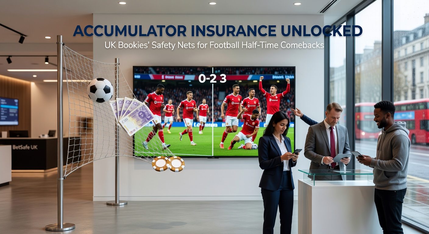 Close-up of a bookmaker's app screen showing an accumulator insurance claim during a live football half-time comeback, with refund notification popping up