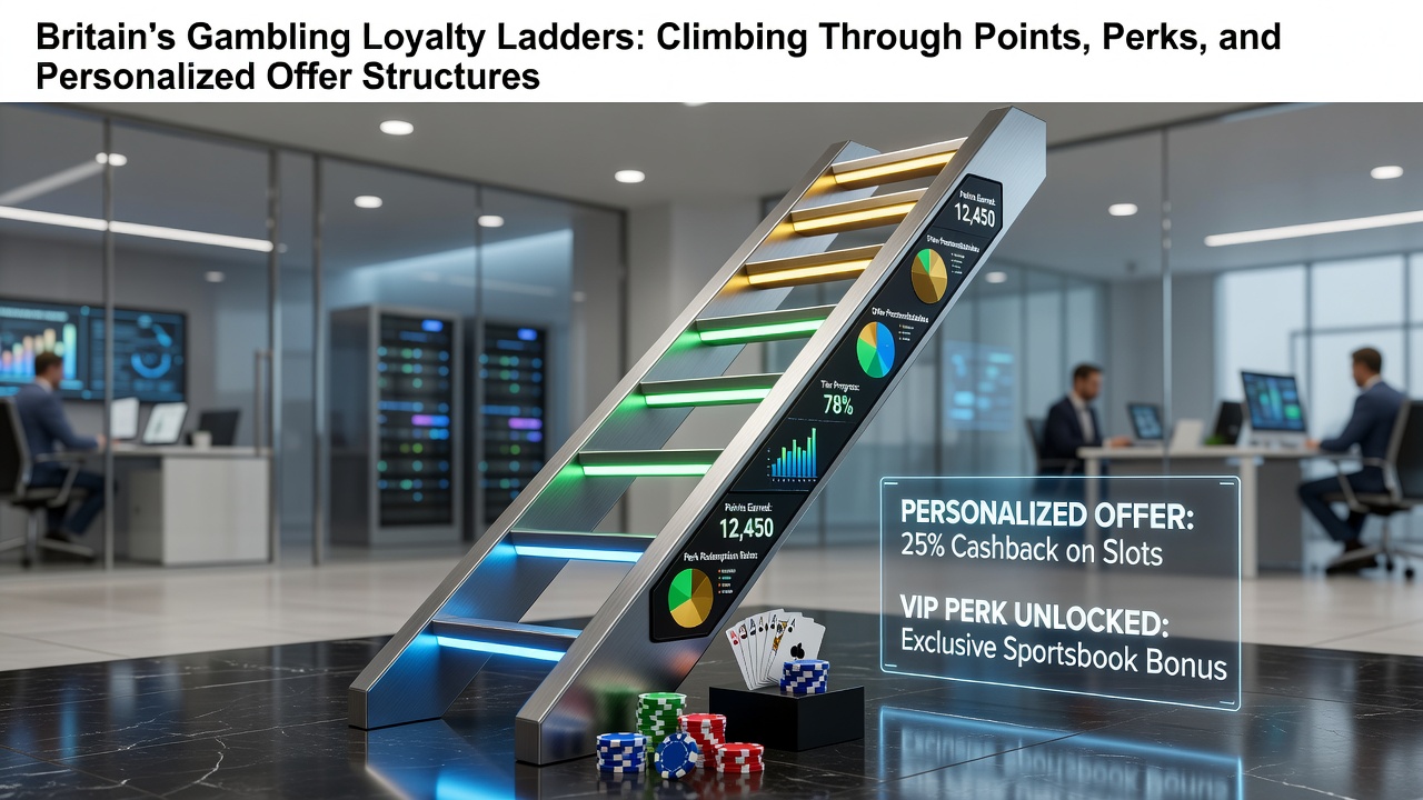 UK gambling loyalty program tiers displayed on a digital interface with points accumulation graphics