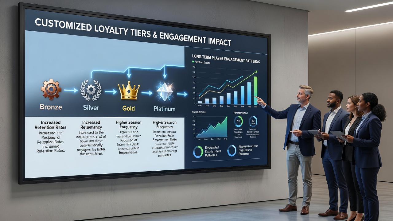 Analytics dashboard showing player retention curves across different loyalty tiers on a UK gambling platform