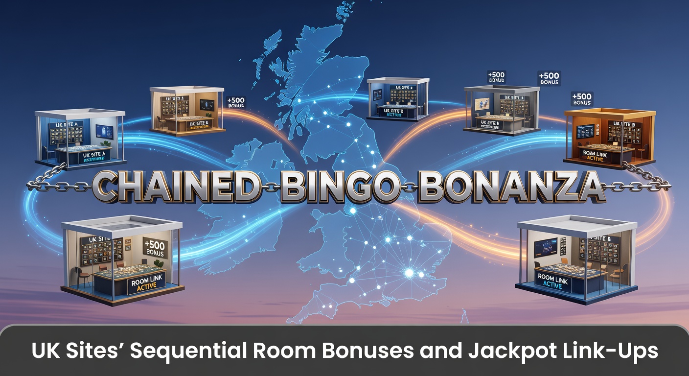 Colorful digital bingo rooms linked by glowing bonus chains and escalating jackpot meters on UK gaming platforms