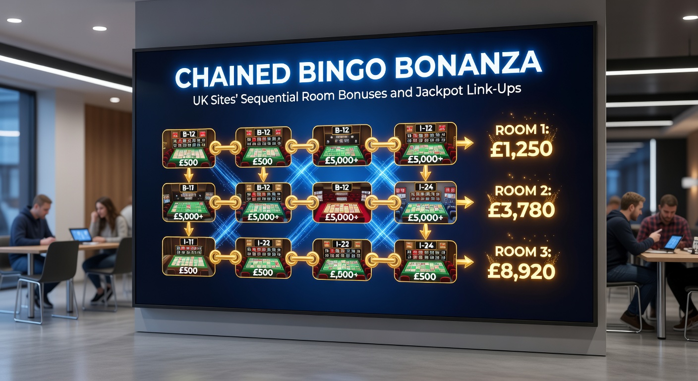 Players celebrating a chained jackpot win with linked screens showing escalating bonuses across multiple bingo rooms