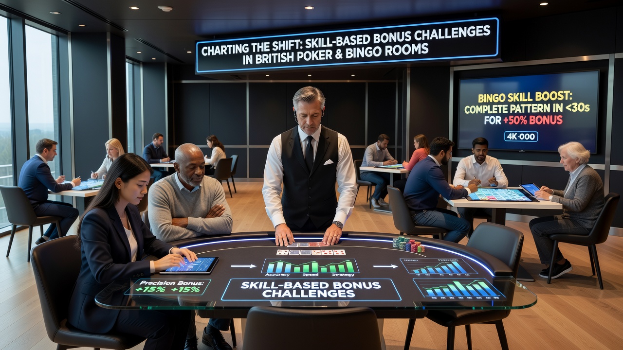 British poker table with skill challenge overlays and bingo cards in a modern gaming room setting