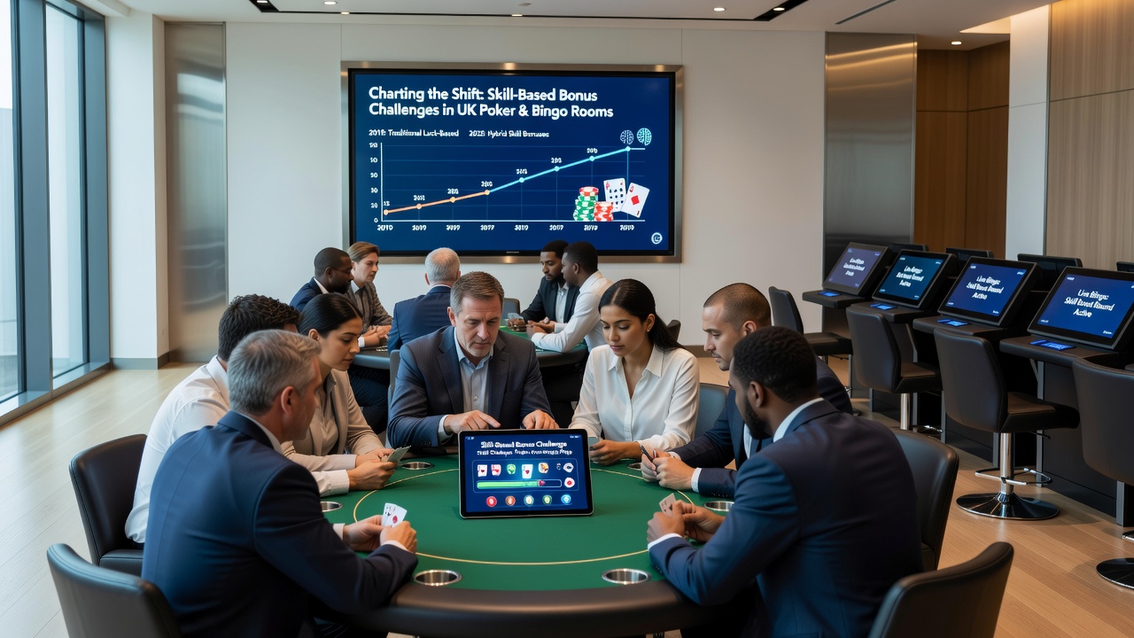 Close-up of bingo players analyzing skill-based pattern challenges on digital screens in a UK gaming hall