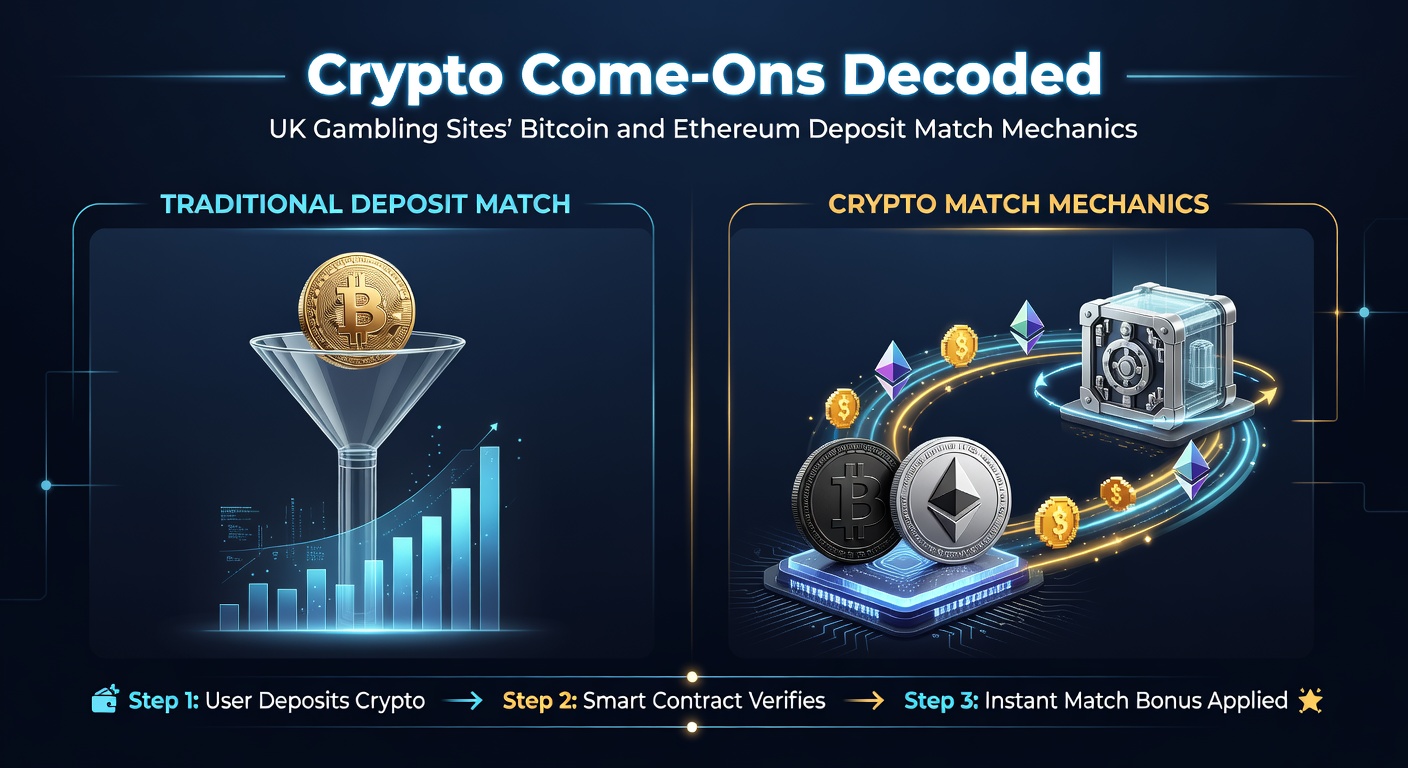 Illustration of Bitcoin and Ethereum symbols integrated with UK gambling site interfaces, showing deposit match bonus flows