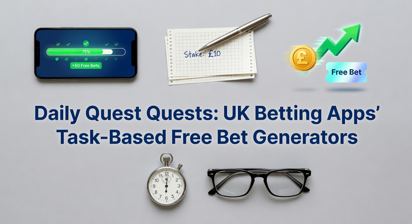 Vibrant screenshot of a UK betting app's daily quest dashboard showing progress bars for tasks like placing bets on football matches and reaching wager milestones, with free bet rewards glowing at the top