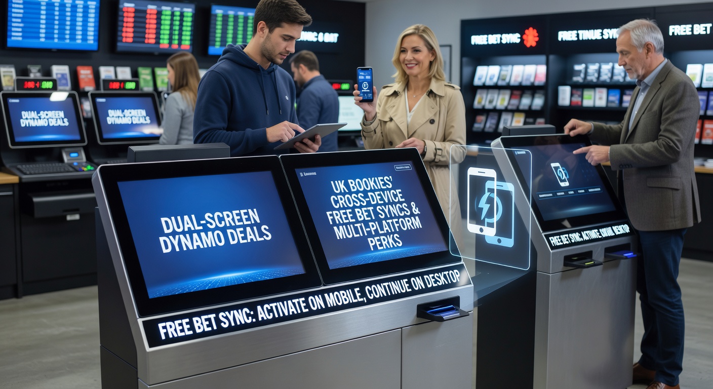 Punters seamlessly switching between smartphone and laptop screens to claim synced free bets from UK bookmakers, highlighting cross-device promotions in action