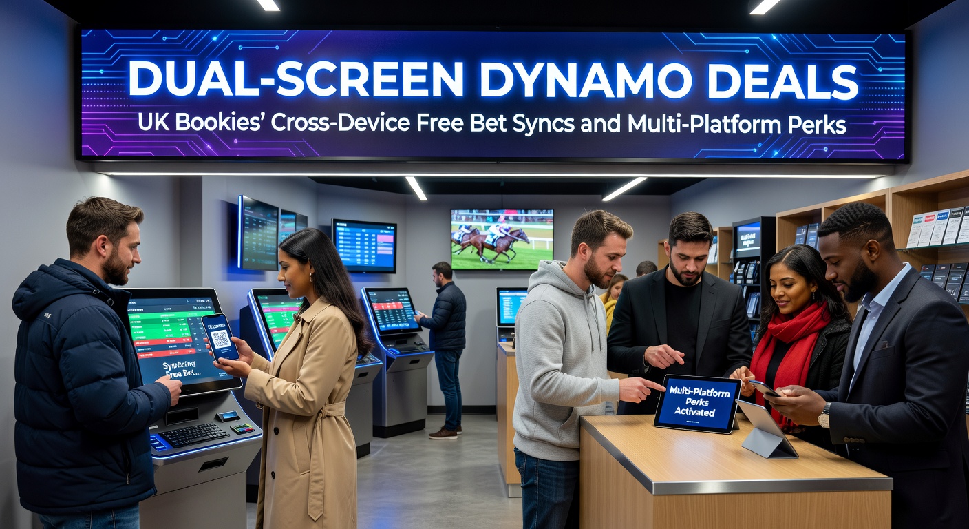 Split-screen view of a tablet and desktop displaying identical free bet offers from a UK bookmaker, illustrating multi-platform perk synchronization