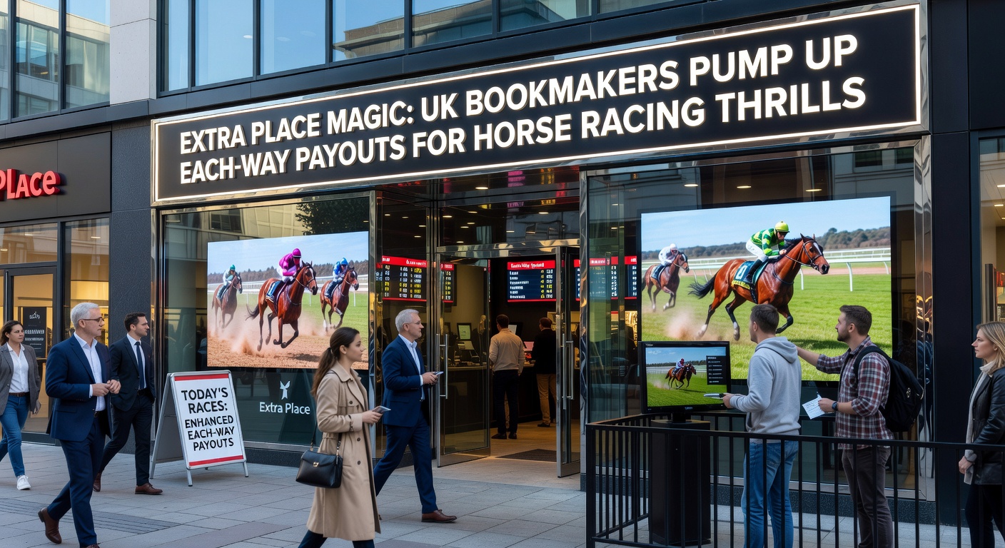 Close-up of a bookmaker's app screen displaying extra place offers for an upcoming UK horse race, highlighting extended payout positions