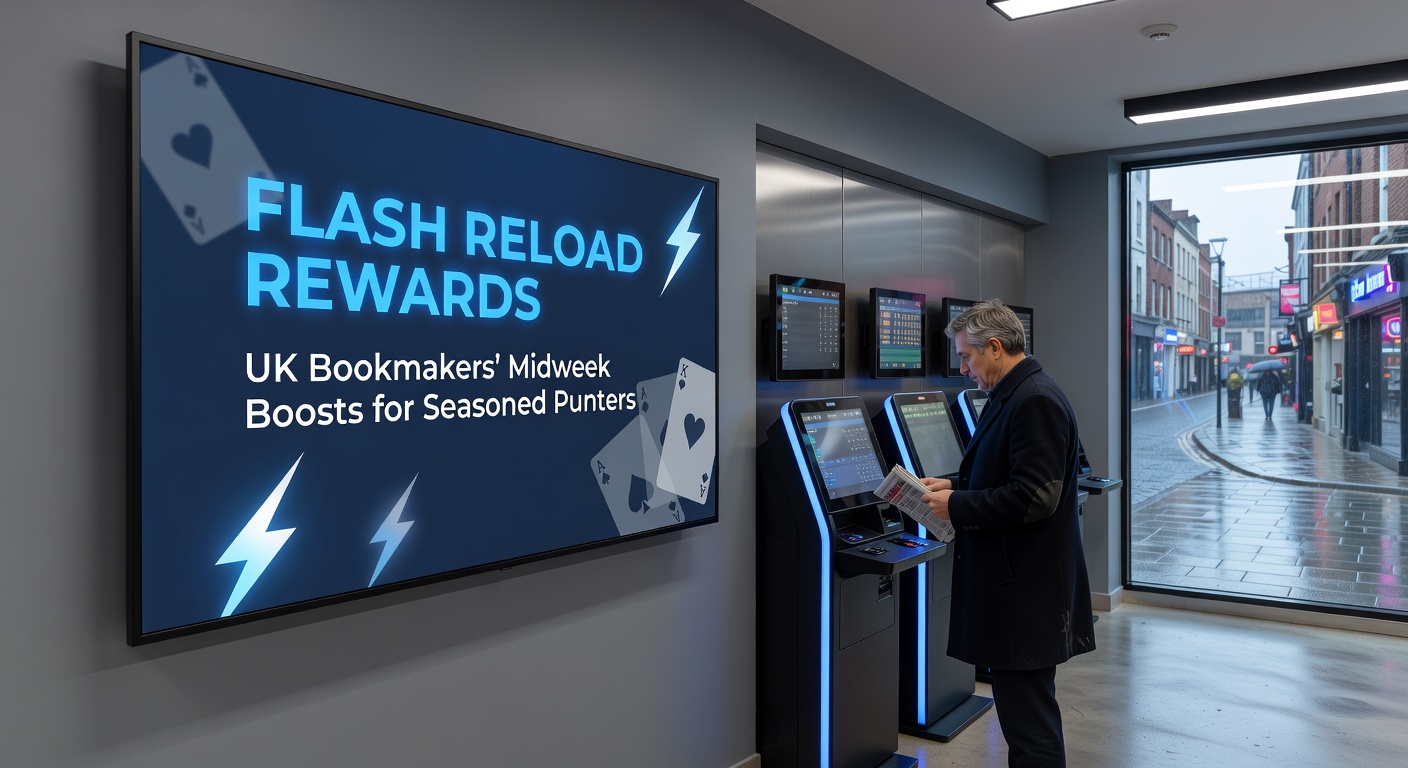 Illustration of a punter on a mobile device claiming a midweek reload bonus, with timers ticking and bookmaker promotions overlayed on a football pitch background