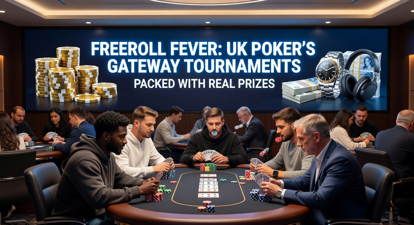 Vibrant poker table with players competing in a freeroll tournament, chips stacked high and cards flying