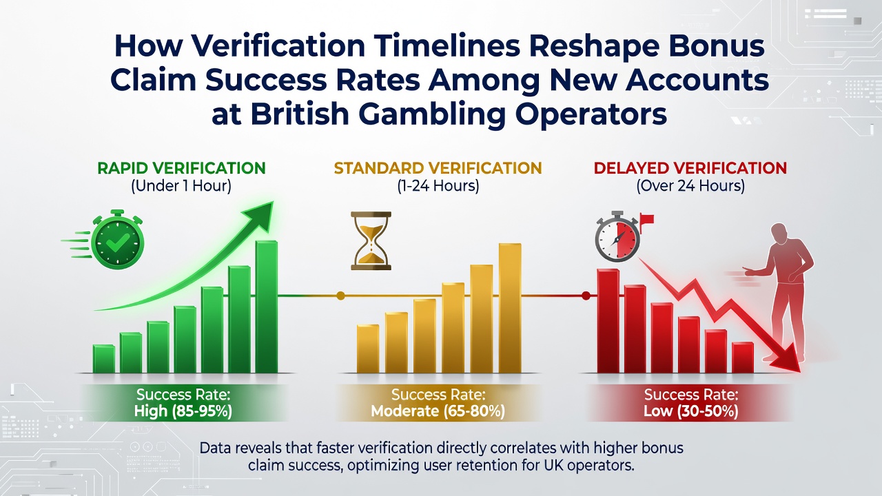 Illustration showing account verification process at UK gambling sites with timeline graphics and bonus claim flow
