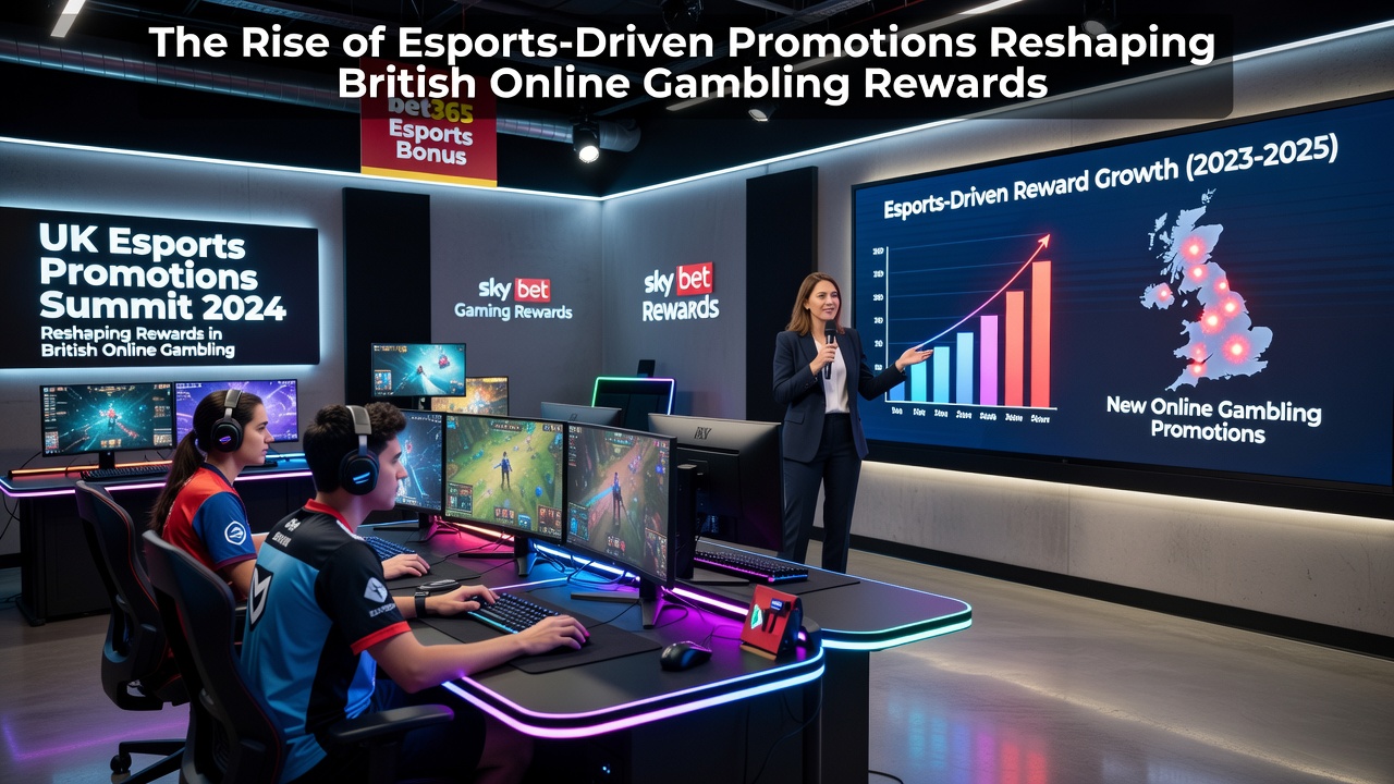 Esports tournament arena with overlaid betting promotion graphics showing UK platform interfaces