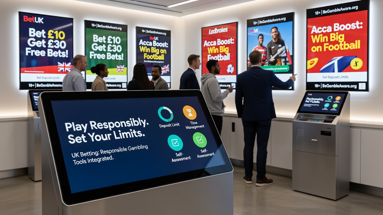 UK betting operators displaying responsible gambling prompts alongside promotional offers on mobile apps and websites
