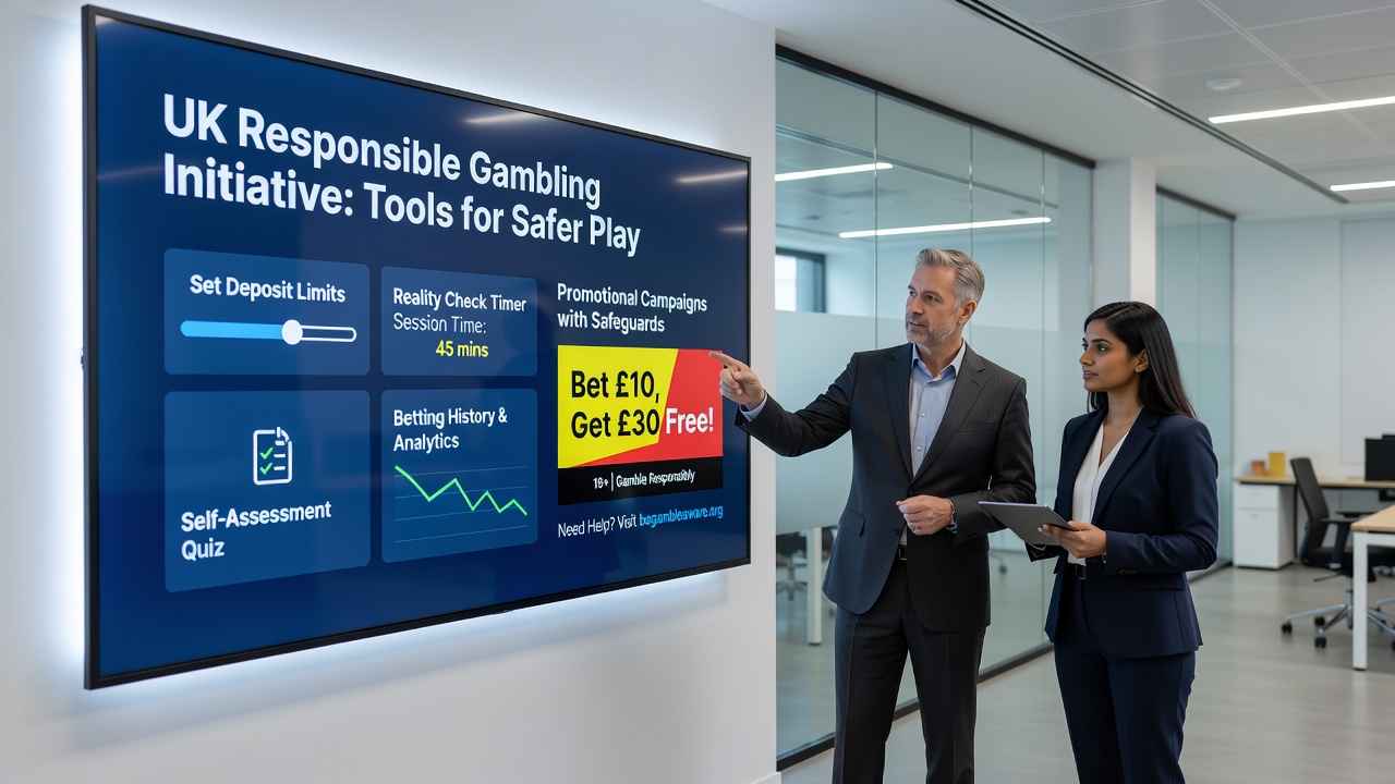 Dashboard view showing integrated deposit limits and self-exclusion options during a UK betting site's promotional campaign signup