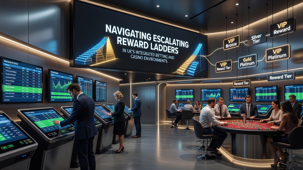 Diagram showing tiered reward ladders across UK integrated betting and casino platforms with progression arrows