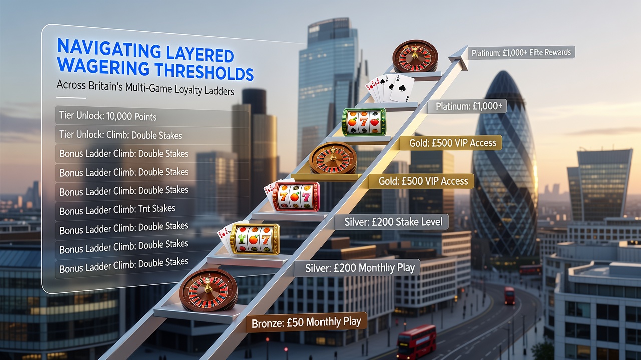 Diagram showing examples of wagering thresholds layered across sports, slots, and poker in UK loyalty programs