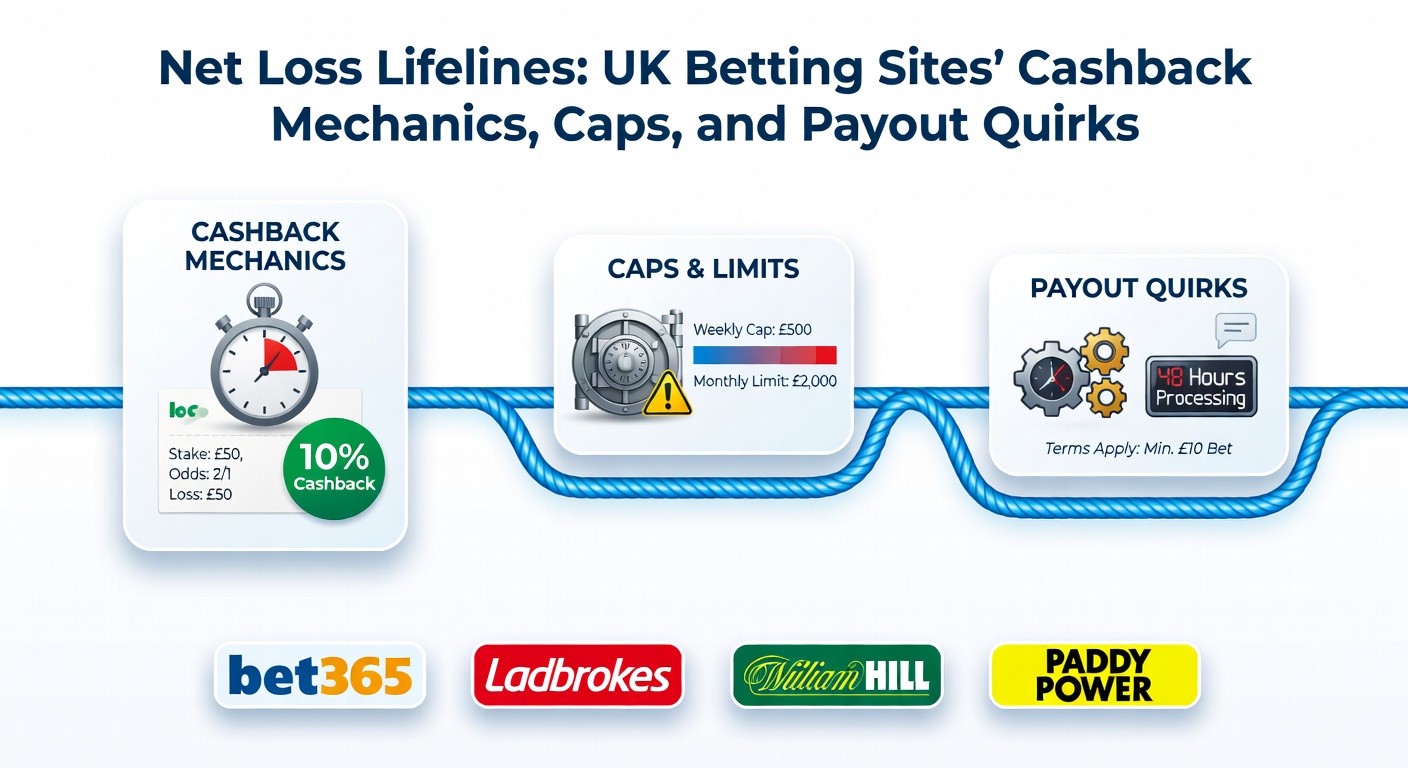 Infographic breaking down cashback calculation flowchart with caps and payout timelines on a UK betting app interface