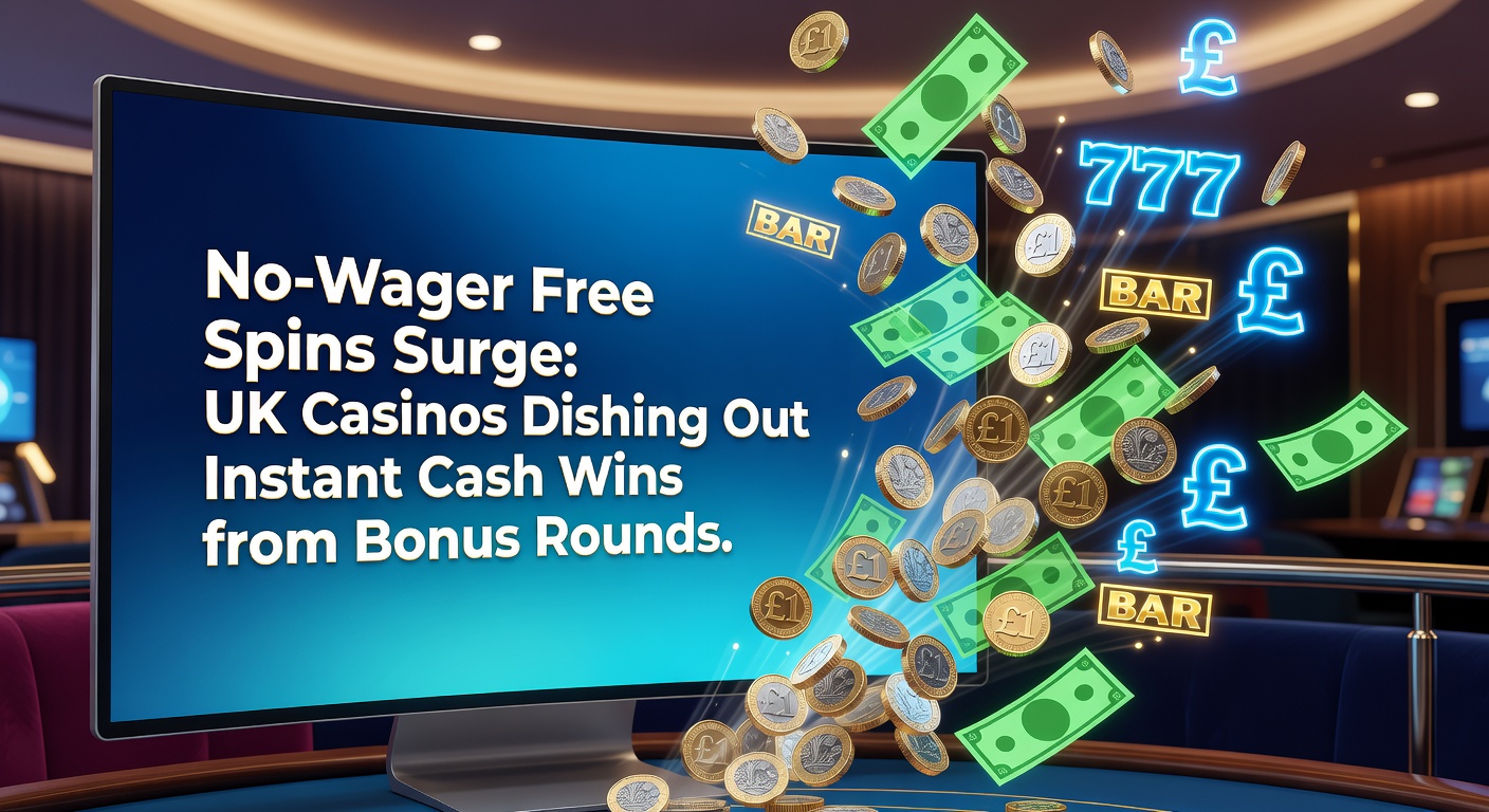 Close-up of a mobile casino interface showing a no-wager free spins claim button next to a bonus round payout screen with coins raining down