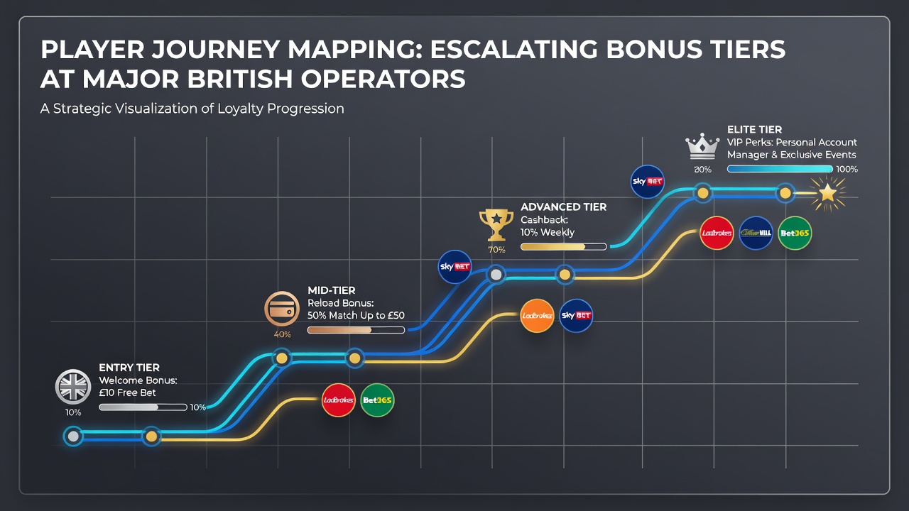 Illustration of player journey stages across bonus tiers at British betting sites