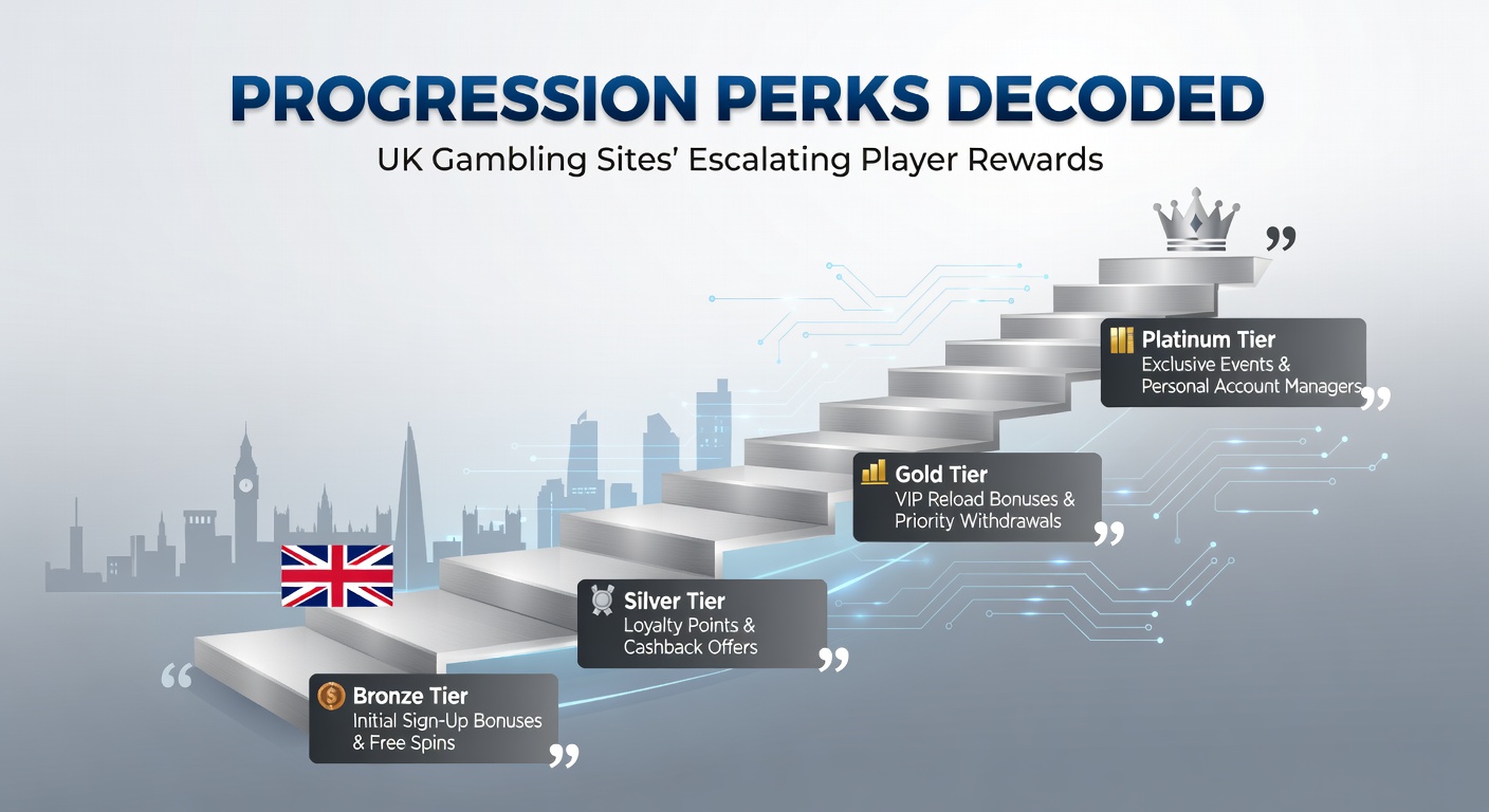 Graphic illustrating tiered loyalty levels on a UK gambling platform, showing progression from bronze to diamond status with escalating reward icons like free bets and cashback