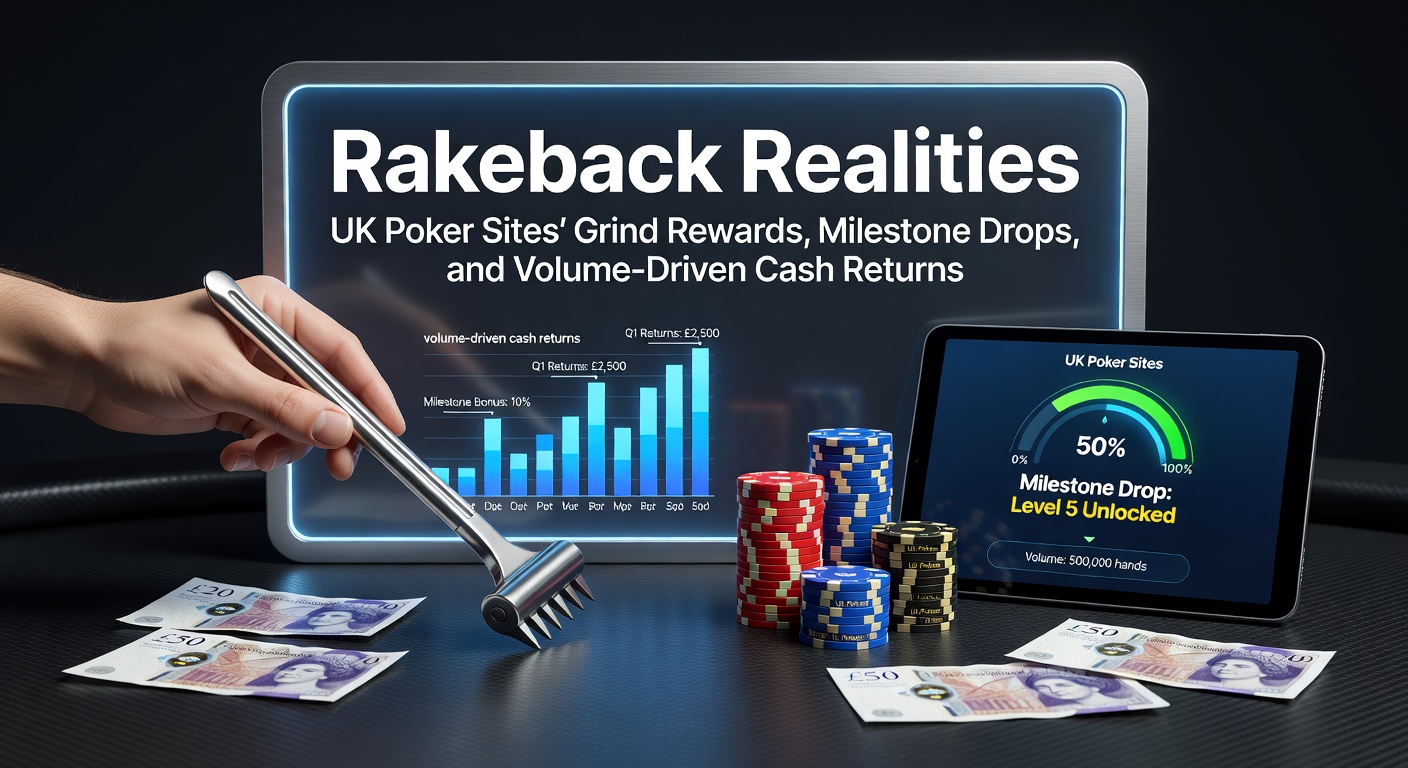 Poker player grinding at a table with loyalty rewards overlay, illustrating rakeback mechanics on UK sites