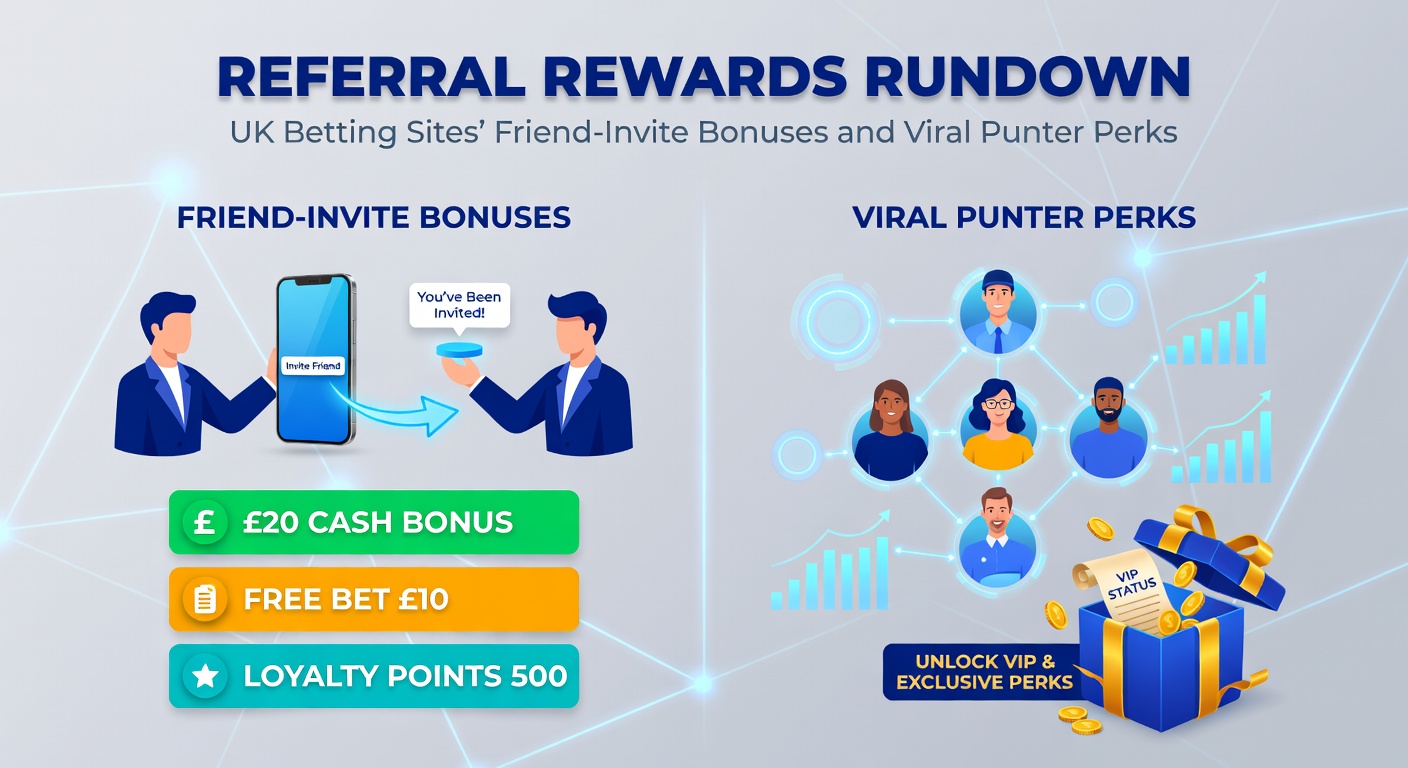 Graphic showing friends sharing betting app referrals with bonus icons and UK flag elements
