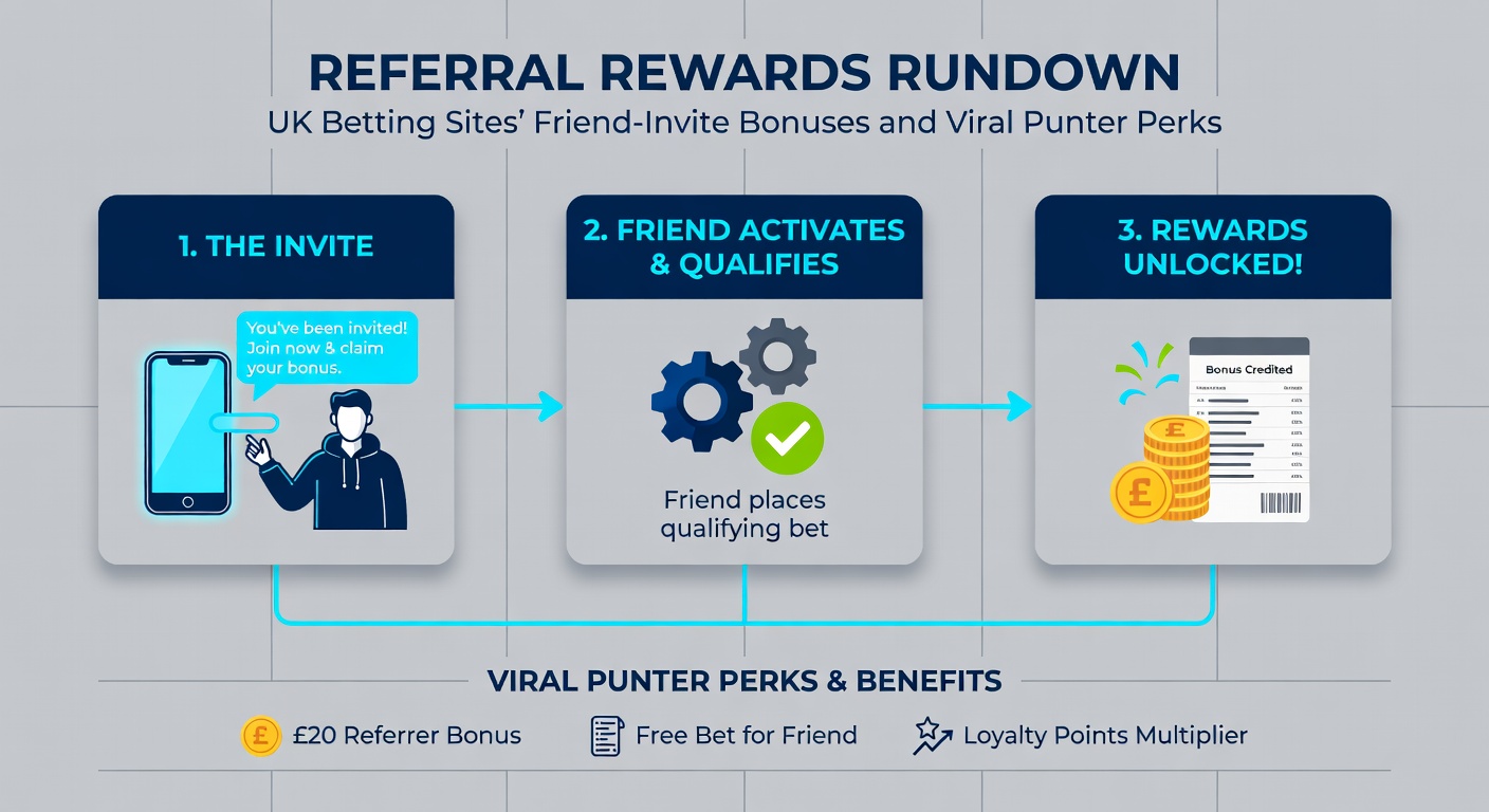 Illustration of a chain reaction of referrals with punters high-fiving over growing bonus stacks on a betting site dashboard