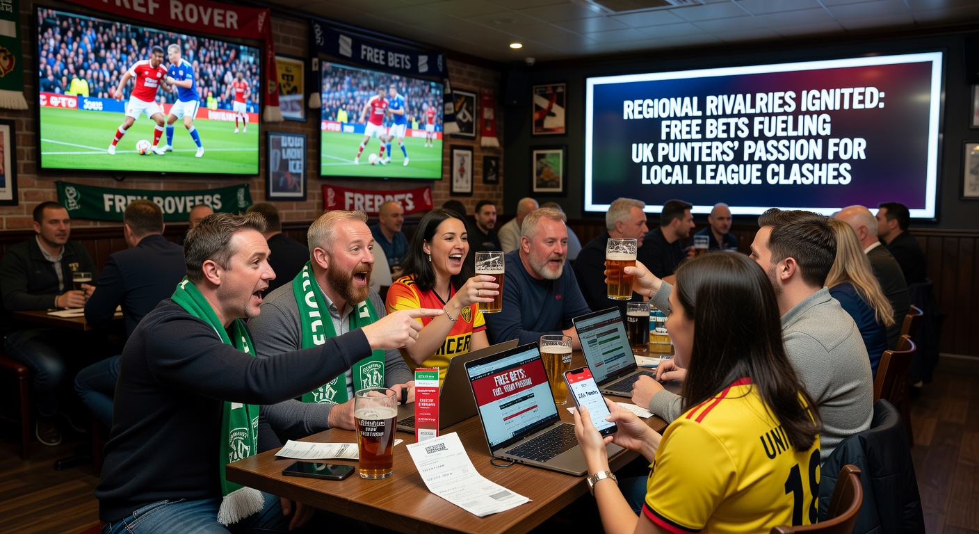 Vibrant stadium crowd during a heated UK local derby, with betting slips and free bet promotions overlayed