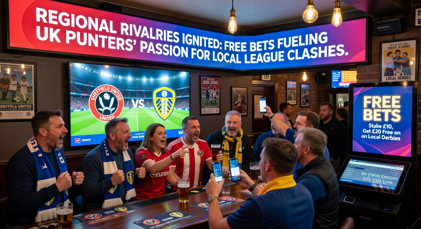 Punters in a pub cheering a local league goal, surrounded by mobile screens showing free bet wins and rivalry scorelines