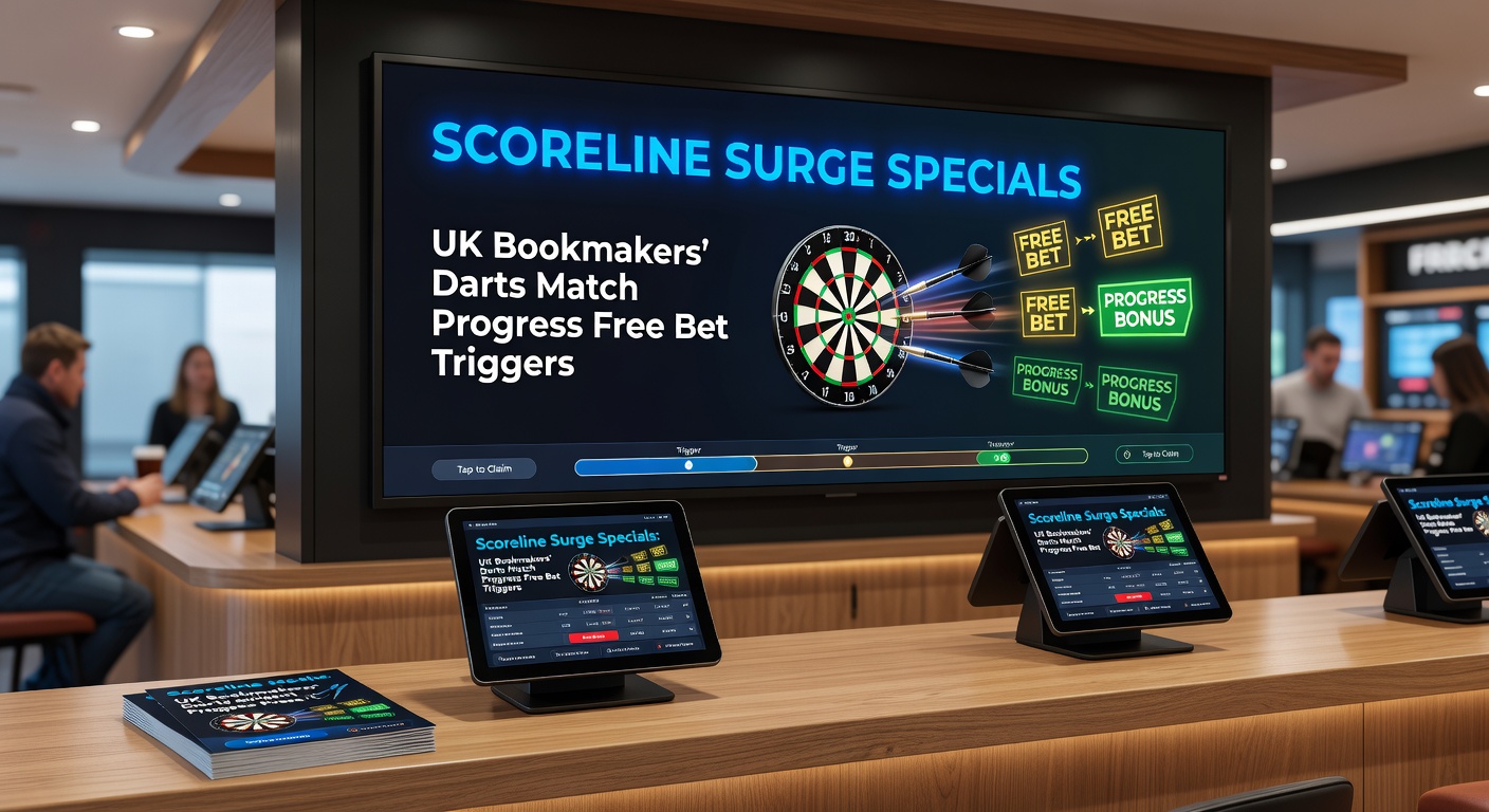 Close-up of a darts scoreboard displaying a 4-2 scoreline mid-match, with a bookmaker app screenshot overlay showing a free bet notification