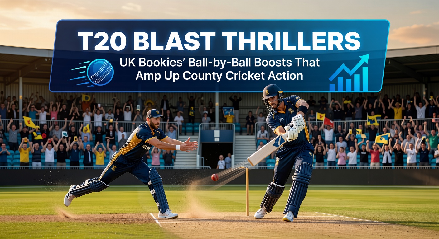 Explosive T20 Blast match with crowds cheering a six-hit boundary under floodlights, highlighting the high-energy county cricket atmosphere that bookies' boosts enhance