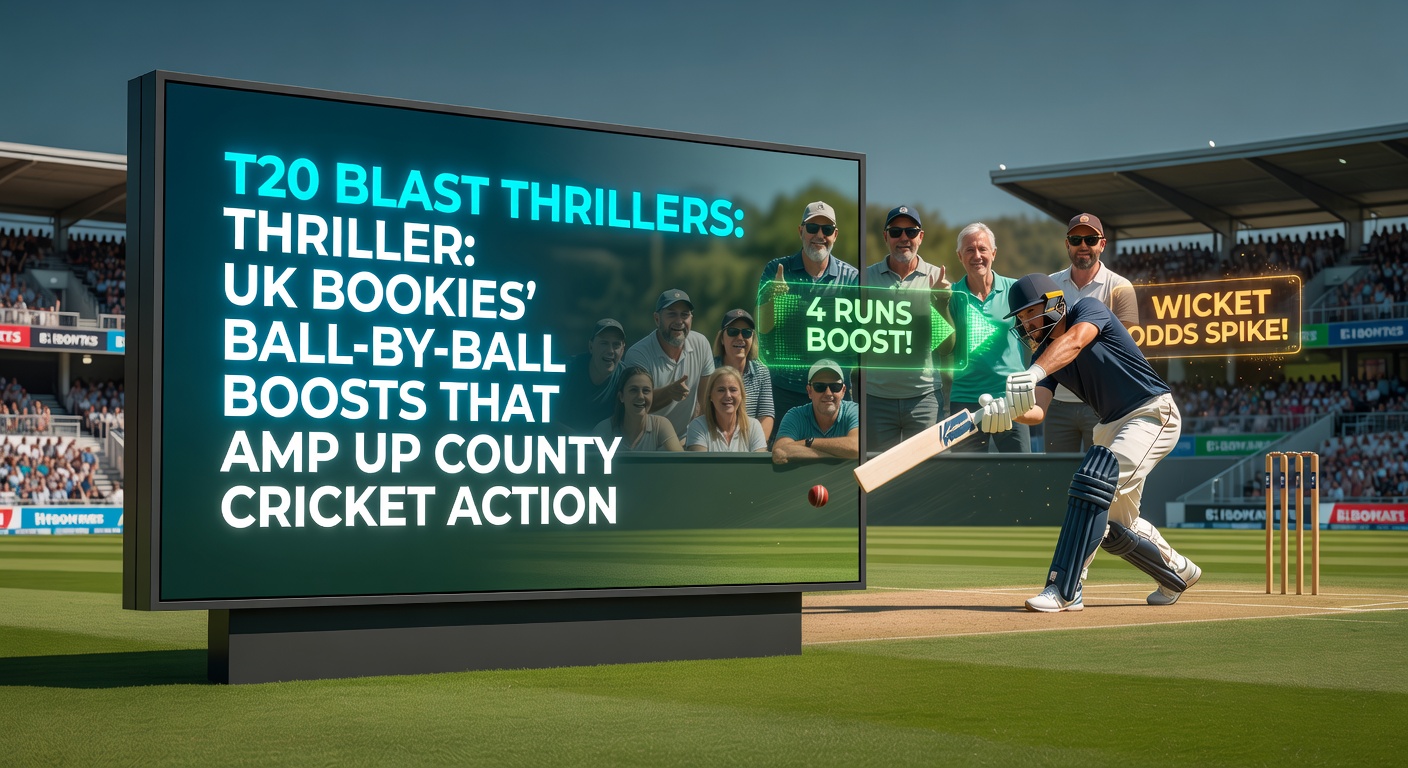 Close-up of a bookmaker's app screen showing live T20 Blast odds boosts on a boundary ball, with glowing promotions for sixes and wickets