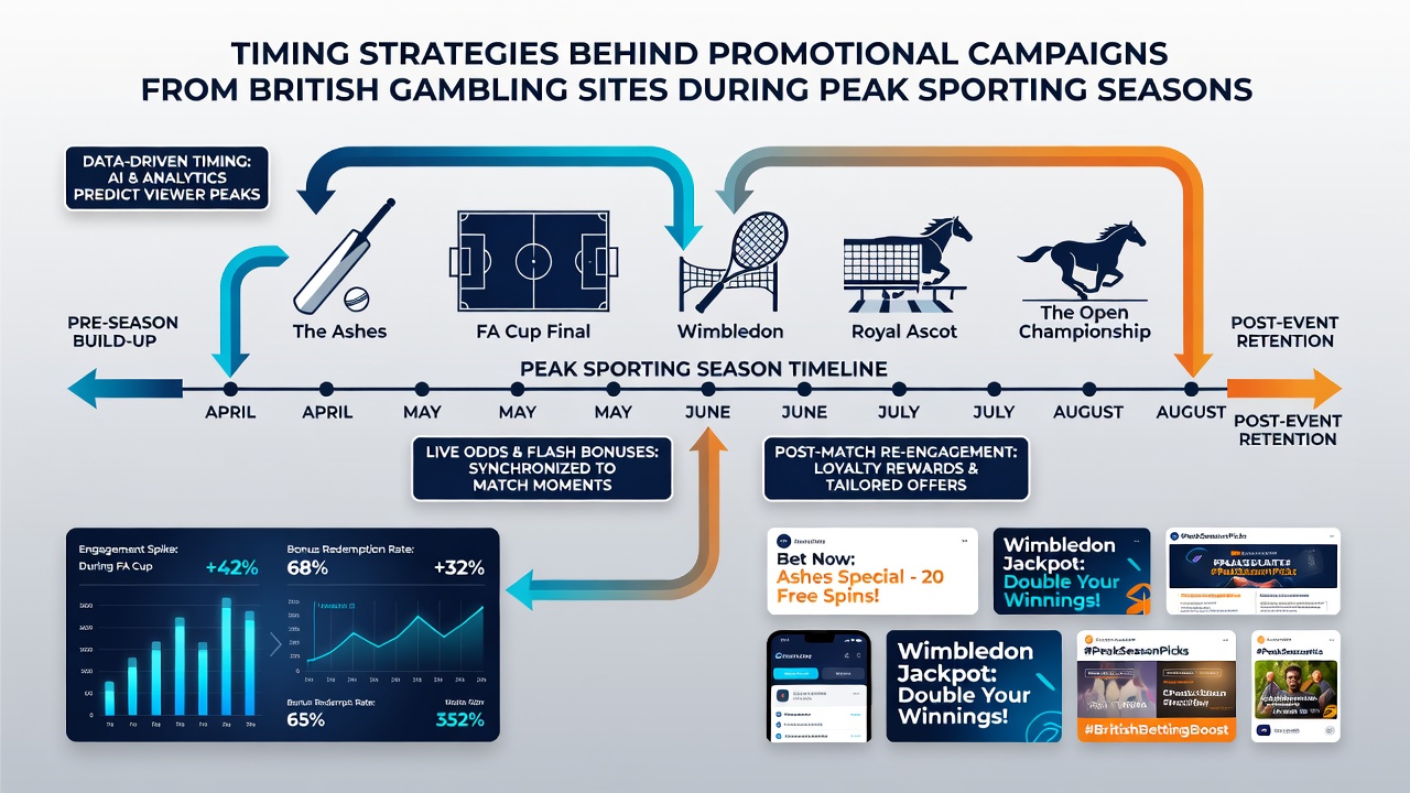 Infographic illustrating data points used by operators to time promotions around cricket tests and horse racing festivals