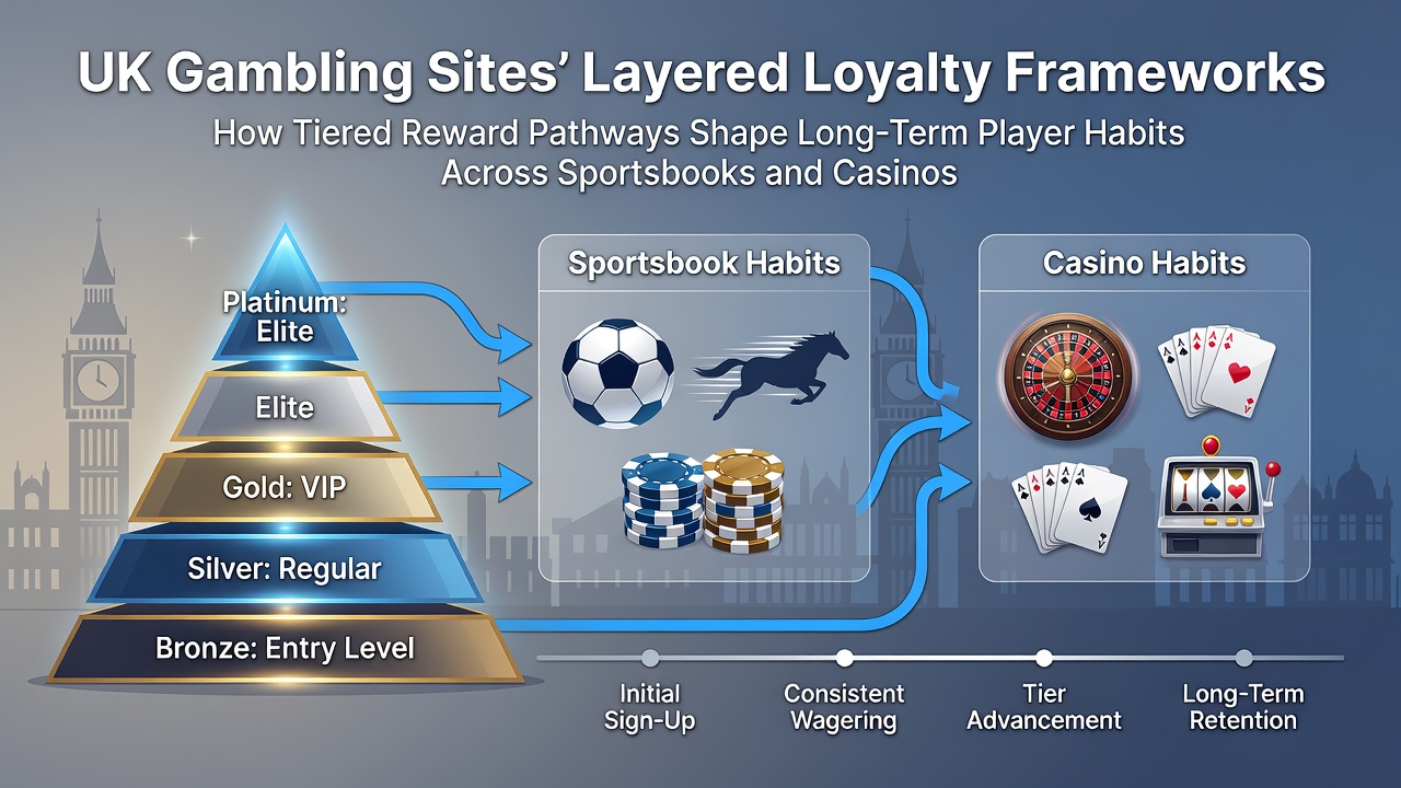 Diagram showing tiered loyalty levels from entry to elite status on UK gambling platforms with reward icons