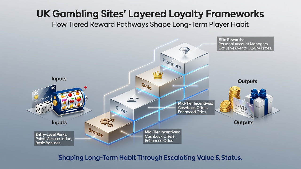 Infographic illustrating player progression through loyalty tiers and corresponding reward unlocks over a 12-month period
