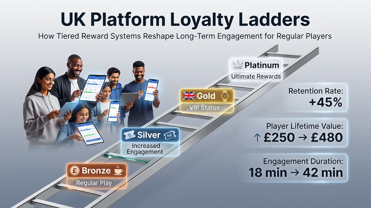 UK online gambling platforms displaying tiered loyalty ladder interfaces with escalating rewards for regular players