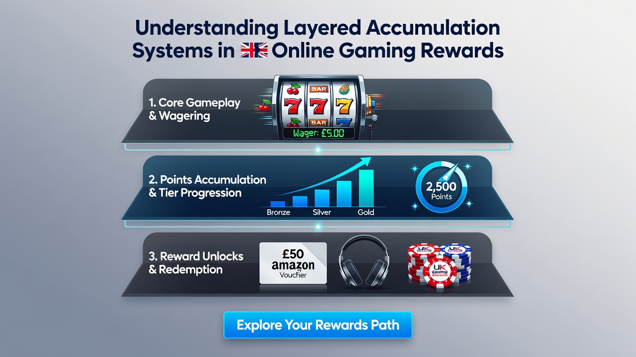 Illustration of tiered loyalty levels in UK online gaming rewards showing progression from basic to premium accumulation layers
