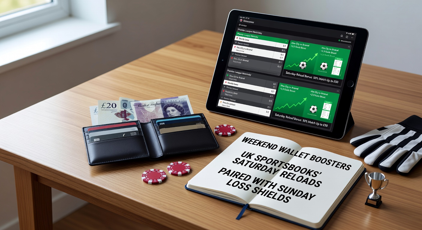 Vibrant graphic showing a weekend calendar with Saturday deposit boosts and Sunday safety nets, highlighting UK sportsbook promotions that protect and enhance punter funds