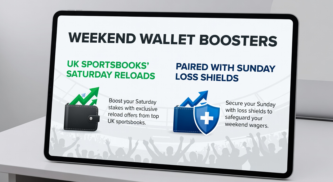 Infographic detailing paired Saturday reload and Sunday cashback promotions from major UK sportsbooks, with icons for deposit boosts and loss refunds