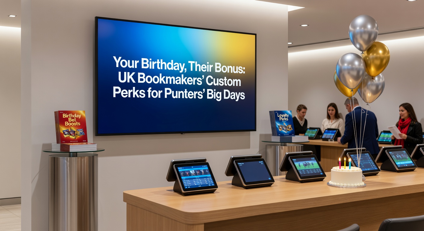 Punters celebrating with smartphones displaying birthday bonus notifications from UK bookmakers, amid confetti and sports score tickers